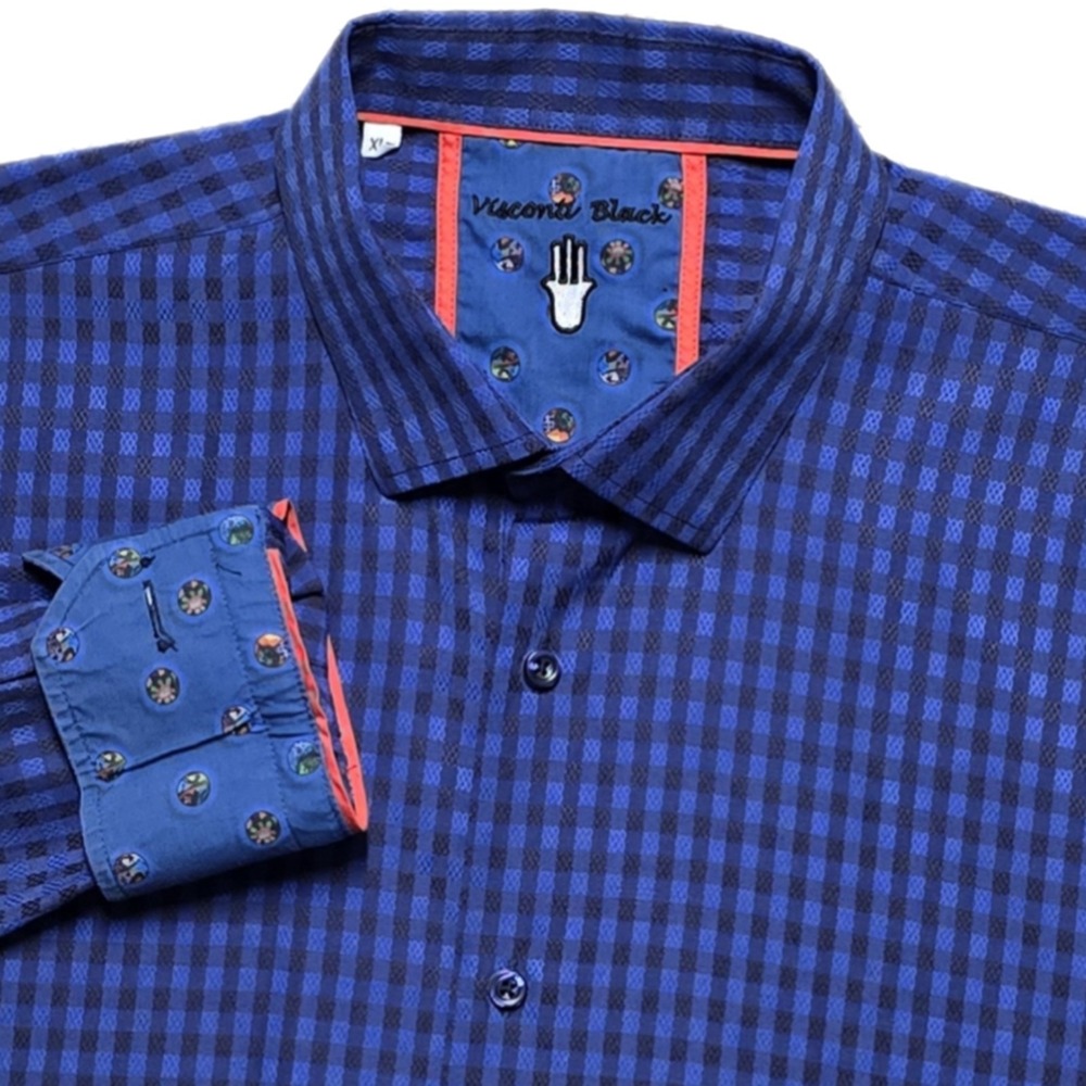 Luchiano Visconti Black Textured Check Shirt Sz XL Jewel Flip Cuff Button Down
